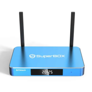 Blue SuperBOX wireless router with two upright antennas and a digital clock display on the front panel showing time.