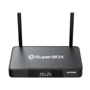 SuperBOX S7PRO streaming box with two external antennas and a front digital clock display on a dark rectangular housing