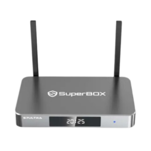 Dual-antenna wireless router with dark grey body and digital clock display reading 20:25, branded SuperBOX/SULTRA on the front panel.