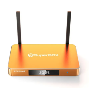 Orange wireless router with two tall antennas and a digital clock display showing 20:25 on the front panel, brand name SuperBOX visible.